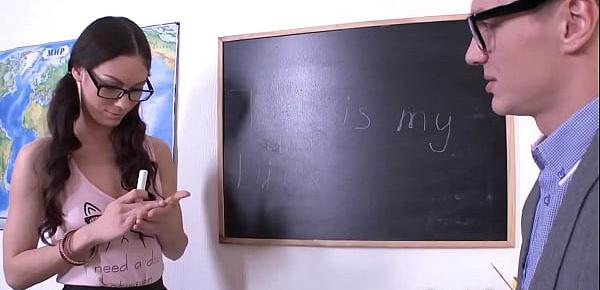  Teacher fucks a schoolgirl with glasses in her ass